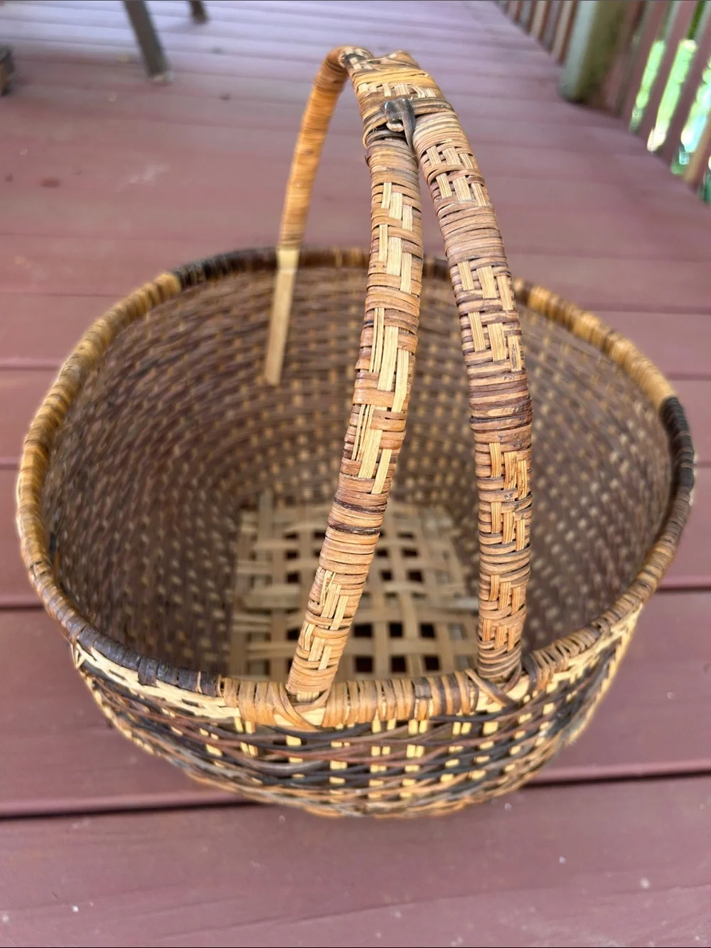 Beautiful Handwoven Brown and Tan Market Basket with Handle
